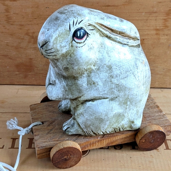Vintage Wood Carved Hand Painted Rabbit Pull Toy - Picture 2 of 7